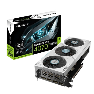 Gigabyte NVIDIA GeForce RTX 4070 Ti SUPER EAGLE OC ICE Graphics Card, 16GB GDDR6X, 8448 CUDA Cores, 2640 MHz Core Clock, Triple Fan, White, RGB, 3x DisplayPorts / 1x HDMI Port