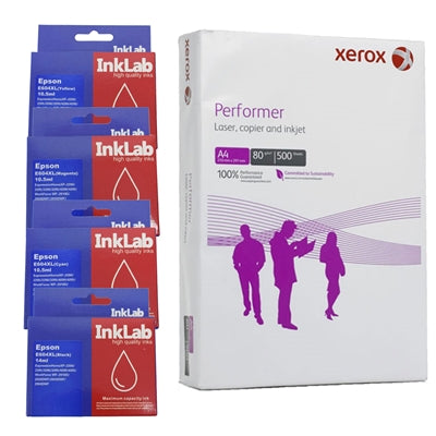InkLab 604 Ink Bundle, Replacement Inks (Yellow, Cyan, Magenta and Black) with 1 Ream of Xerox Performer A4 80GSM Office Paper