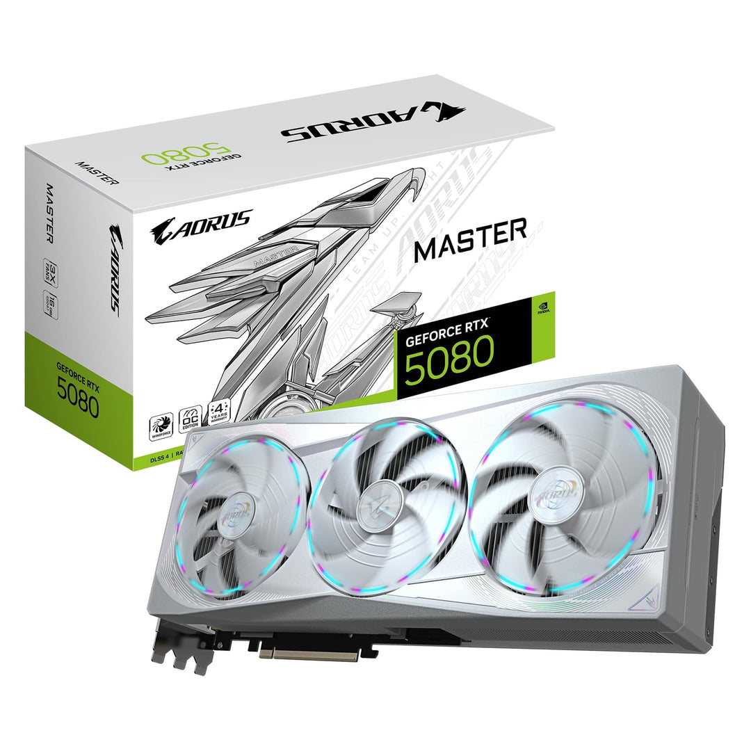 Gigabyte NVIDIA GeForce RTX 5080 AORUS MASTER ICE 16G Graphics Card, 16GB GDDR7, 10752 CUDA Cores, 2805 MHz Core Clock, Triple Fan, White, RGB, 3x DisplayPorts / 1x HDMI Port
