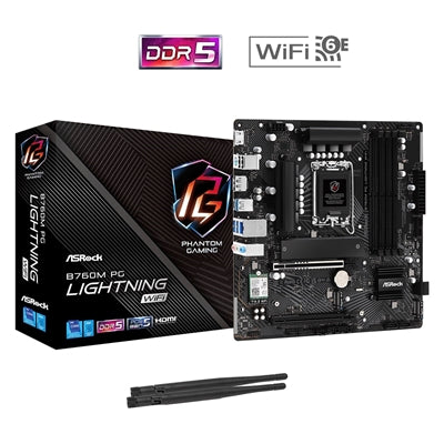 ASRock B760M PG Lightning WiFi Intel 1700 Socket Motherboard, Micro-ATX, 4x DDR5 Slots, 4x M.2 Sockets, 1x USB-C Port, 2.5GbE LAN, Wi-Fi 6E, 1x DisplayPort / 1x HDMI Port