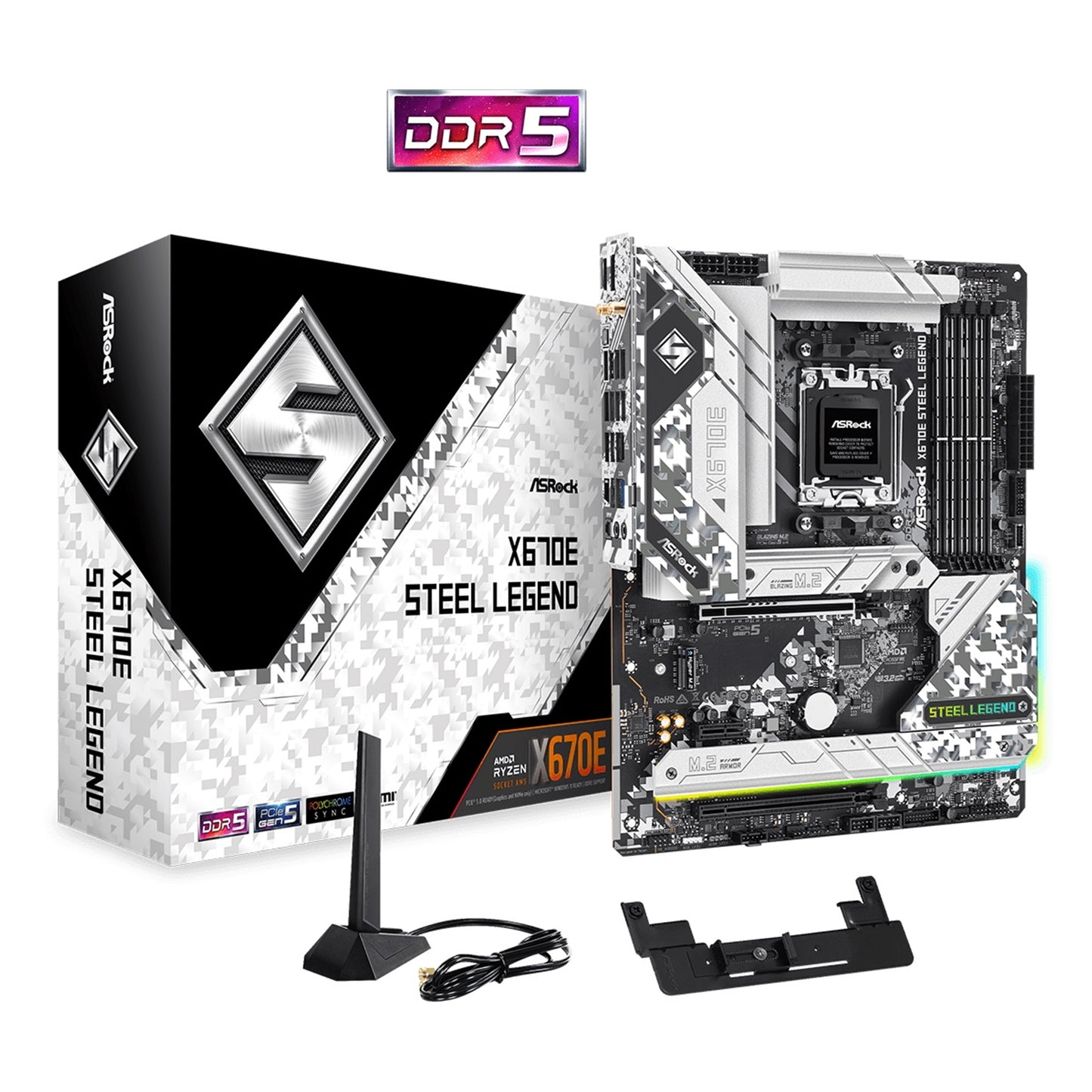 ASRock X670E Steel Legend AMD AM5 Socket Motherboard, ATX, 4x DDR5 Slots, 4x M.2 Sockets, 2x USB-C Port, Fitted I/O Shield, 2.5GbE LAN, Wi-Fi 6E, 1x DisplayPort / 1x HDMI Port