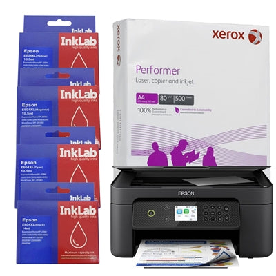 Epson Expression Home XP-4200 C11CK65401 Inkjet Printer, Colour, Wireless, All-in-One, A4, 6.1cm LCD Screen, Duplex, InkLab 604 Epson Compatible Replacement Ink (1 of Yellow, Magenta, Cyan and Black), Single Ream of Xerox Performer A4 80GSM Office Paper