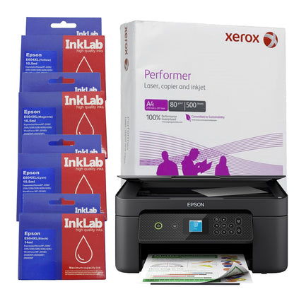 Epson Expression Home XP-3200 C11CK66401 Inkjet Multifunction Printer, Colour, Wireless, All-in-One, Duplex, InkLab 604 Epson Compatible Replacement Ink (1 of Yellow, Magenta, Cyan and Black), Single Ream of Xerox Performer A4 80GSM Office Paper
